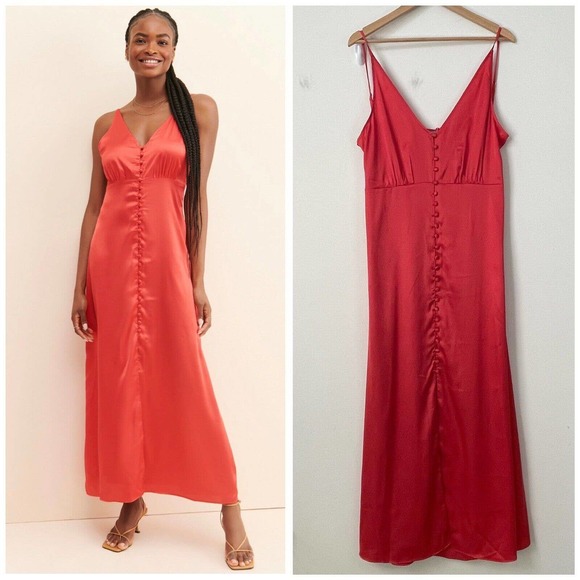 NWT Anthropologie Satin Slip Midi Dress Size L Red Open Back Front Slit - Picture 1 of 12